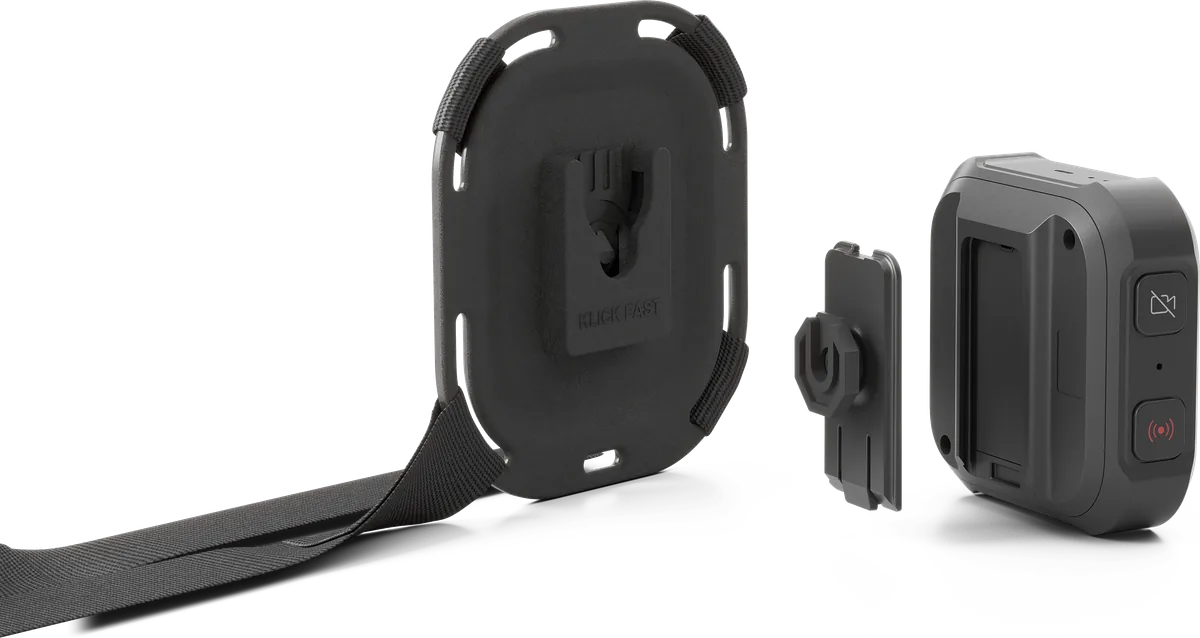 Klick Fast chest harness and adapter beside the Antare Body-worn Camera Pro.